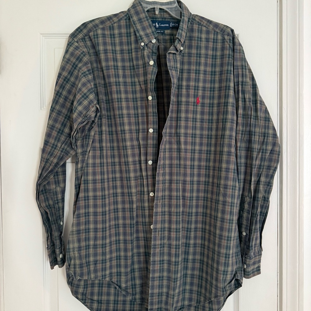 Ralph Lauren Men's Green and Blue Checkered Shirt